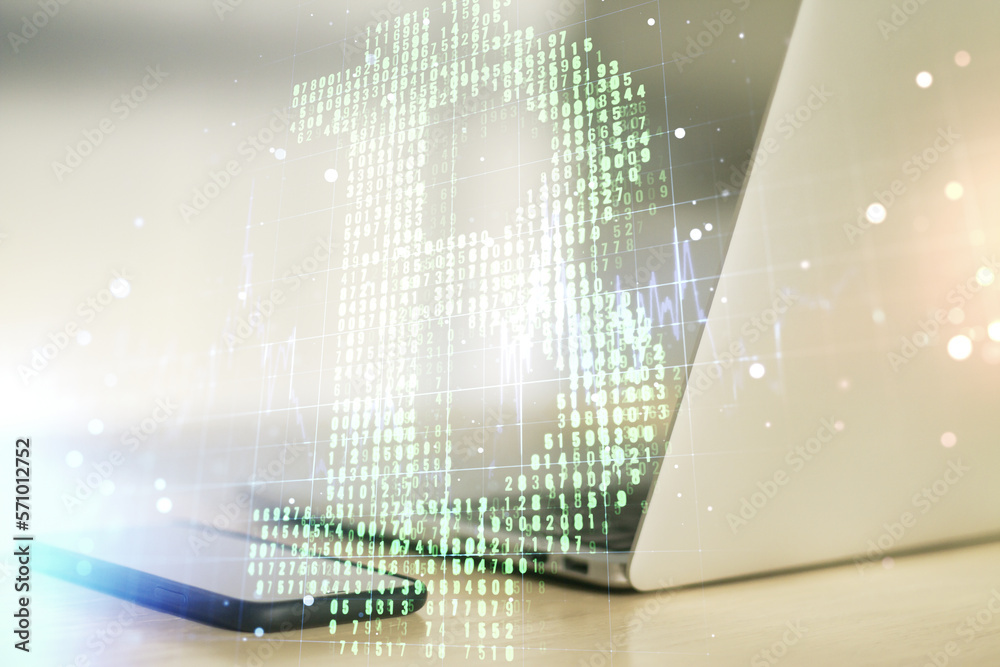 Poster Creative Bitcoin concept with modern computer background. Double exposure