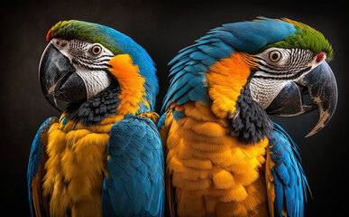 Two colorful parrots standing next to each other - Generative AI