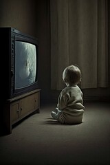 image, a little boy sitting alone in front of the television, ai generative