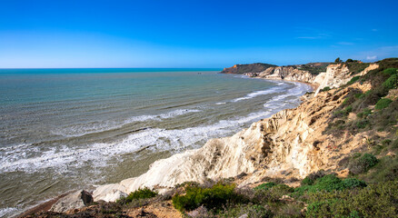 Panoramic view of the coastline near Agrigento, Italy. Stairs of the Turks