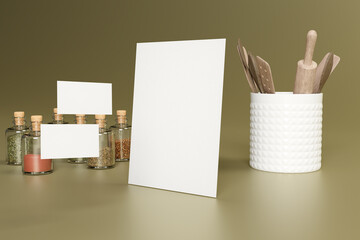 3d render illustration of brand branding stationary business card and letterhead a4 mockup cooking food restaurant kitchen baking cuisine kitchenware cook recipe mster chef premium design background