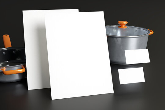 3d render illustration of brand branding stationary business card and letterhead a4 mockup cooking food restaurant kitchen baking cuisine kitchenware cook recipe mster chef premium design background