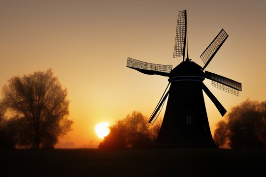 The silhouette of a windmill at dawn. Windmill silhouette at dawn. Sunrise windmill silhouette. Windmill at dawn - generative ai