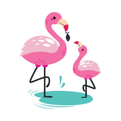 Flamingo family. Cute mom flamingo and her baby cartoon vector illustration