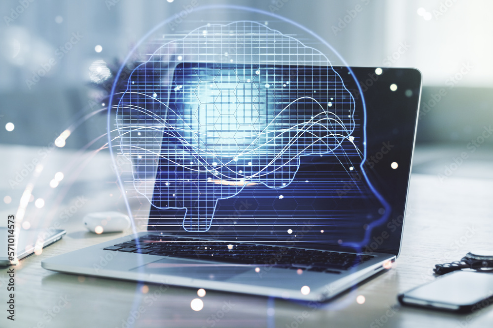 Aufkleber double exposure of creative artificial intelligence symbol with modern laptop on background. neural 