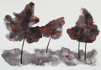 Trees in black and red on a white background. Fallen bunch of rowan. Stylized in Asian style. Traditional drawing. Ink