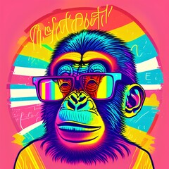 Vector illustration. Portrait of a rainbow color glasses Monkey. Stay cool - lettering quote. Print for poster, t-shirt composition, hand drawn style - generative ai
