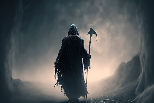Skeletal figure of Grim Reaper, shrouded in a dark, hooded robe and carrying a scythe to &ldquo;reap&rdquo; human souls, grim reaper on the road to hell, death with scythe, generative AI.