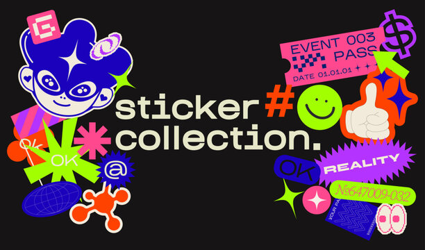 Collection of various patches, labels, tags, stickers, stamps. thanks, hi, yes. Funky hipster 90s style stickers. Vector set, trendy promo labels