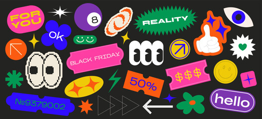 Collection of various patches, labels, tags, stickers, stamps. thanks, hi, yes. Funky hipster 90s style stickers. Vector set, trendy promo labels