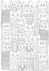 Pattern with cute funny cats. Black and white background. Page for Adult coloring book. Vector.