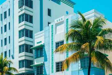 Fototapeta na wymiar Detail of Art Deco Buildings along Ocean Drive in Miami South Beach, Florida, USA. Most of the Art Deco Buildings date from the 1930s.