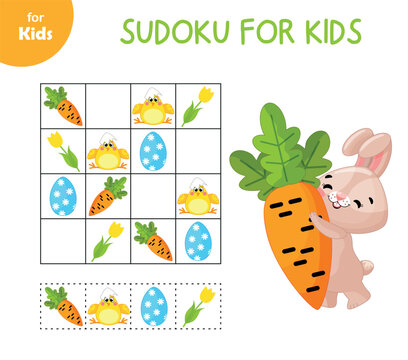Mini-game for children on the theme of Easter. Help solve sudoku with eggs and carrots