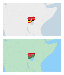 Uganda map with pin of country capital. Two types of Uganda map with neighboring countries.
