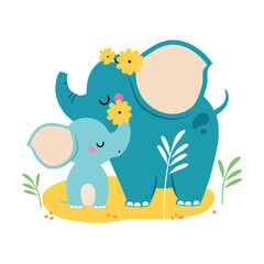 Elephant family. Cute mom elephant hugging her baby cartoon vector illustration