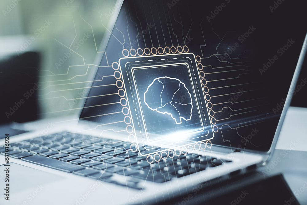 Aufkleber double exposure of creative artificial intelligence symbol with modern laptop on background. neural 
