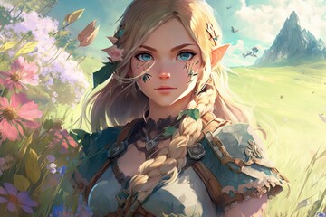 beautiful young woman with a meadow in the background, high definition, AI generated