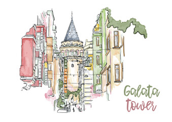A hand drawn watercolor sketch of Galata Tower, Istanbul, Turkey. A famous sightseeing of Turkey - 571016974