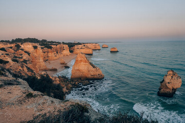 Sunset View of Marinha Beach in Algarve, Portugal from Cliff in Lagoa