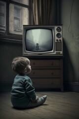 image, a little boy sitting alone in front of the television, generative ai