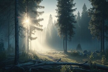 Wooded morning forest trees backlit by golden sunlight with sun rays pouring through foggy trees. Sunrise or sunset spring forest landscape environment.