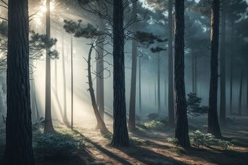 Wooded morning forest trees backlit by golden sunlight with sun rays pouring through foggy trees. Sunrise or sunset spring forest landscape environment.