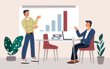 Business people project presentation. Employee shows graphs to boss. Office work management. Manager talks about strategy. Man presenting to infographic on whiteboard. Garish vector concept