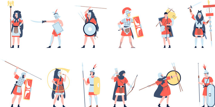 Roman army warriors characters. Rome soldier, trojan warrior gladiator. Ancient greek soldiers, war military empire cultures, recent vector set