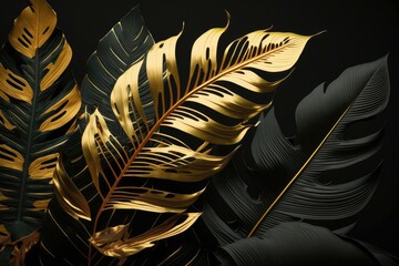 Tropical palm leaves pattern background. Gold and black monstera tree foliage decoration design. Plant with exotic leaf closeup.