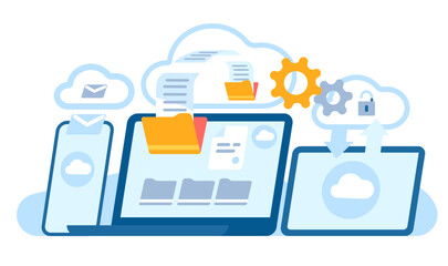 Cloud service on laptop. Online information exchange. Phone and tablet screens. Devices wireless connection. Digital computing. Internet data transfer. Document folders. Vector concept