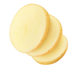 Three raw potato chips in a row cut out