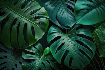 Tropical palm leaves pattern background. Green monstera tree foliage decoration design. Plant with exotic leaf closeup. - obrazy, fototapety, plakaty