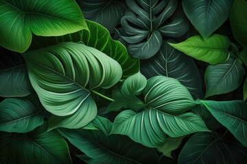 Tropical palm leaves pattern background. Green monstera tree foliage decoration design. Plant with exotic leaf closeup.