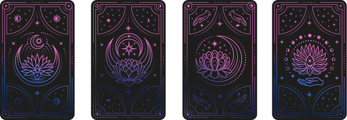 Decorative tarot cards covers, magic mystical lotus and moon. Ritual witches elements, stars and line frames. Colorful gypsy dard vector set