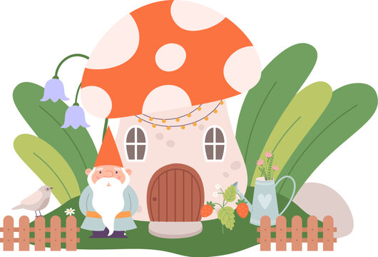 Gnome and mushroom house. Garden dwarf, plants and bird. Cartoon magic tale composition. Forest magical characters, vector scene