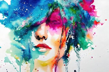 Beautiful woman, colorful stunning illustration in grunge style. . Spatter and drips of paint. Ai generative