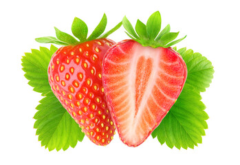 Halced strawberry fruit  with heart shaped core over leaves, cut out