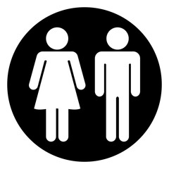Icon toilet. Restroom sign. Male and female bathroom sign in black circle. Black abstract symbols of man and women in flat style isolated on white background. Vector illustration.