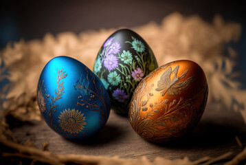 easter decoration with three beautifully hand painted eggs in blue, black and gold, with flower details, generative ai