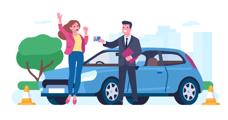 Joyful woman passes driving rules examination. Instructor gets girl driver license. Traffic regulation. Student receiving card. Education course. People standing near car. Vector concept
