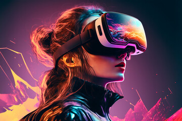 Portrait cyberpunk woman in VR glasses on the isolated blurred background. Cyborg character wearing virtual reality goggles. Art concept.