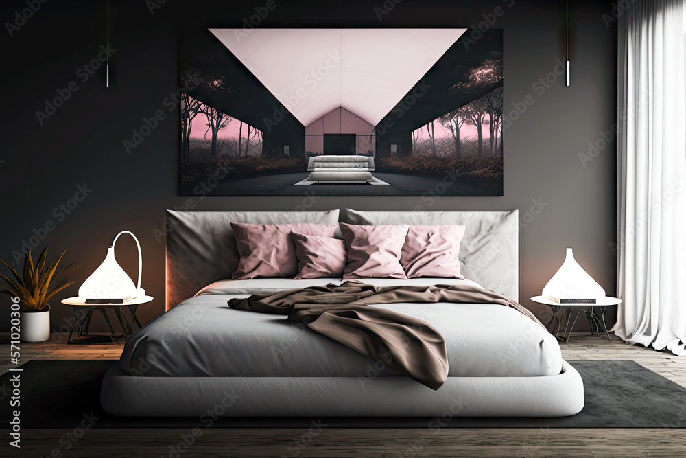 Poster large wide bed in bedroom at night with pink cushions, generative ai