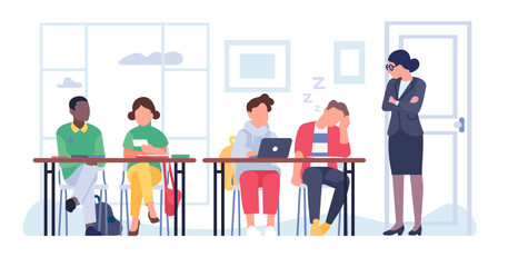 Professor or teacher looks reproachfully at sleeping student. Pupils sitting at desks. School discipline. College education. University lecture classroom. Distracted person. Vector concept