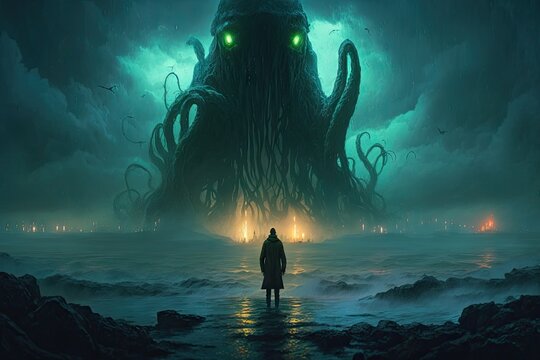 Cthulhu awakens, Scale, Fog, Wet, Water, Lovecraft, dramatic atmosphere, Dark Fantasy, Tenebrous, Dreamy Surrealism, Grandiose, Aetherpunk, 