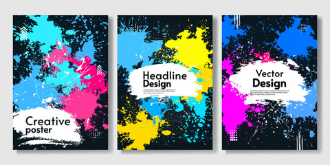 Set of vector posters. Art paint splash. Bright colors. Vector illustration. Design for poster, banner, cover, brochure, invitation. Dark backdrop.