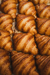 Close up of many freshly made croissants in a row in an artisan bakery