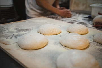 Several balls of fresh bread dough after preshaping process in handmade bakery