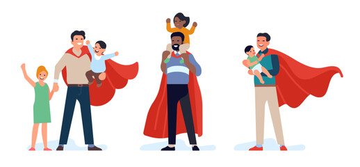 Super dads and their kids. Happy parents with children. Superhero fathers holding sons or daughters. Strong men in cloak. Childhood and parenthood. Vector isolated hero families set