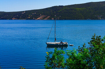 sailing yacht at anchorage in beautiful bay in Montenegro
