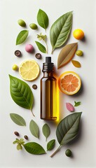 Bottle with natural organic essential oil made of herbs and citrus. Complementary medicine. Concept set of Aromatherapy, harmony, balance and meditation, spa, relax, beauty spa treatment.